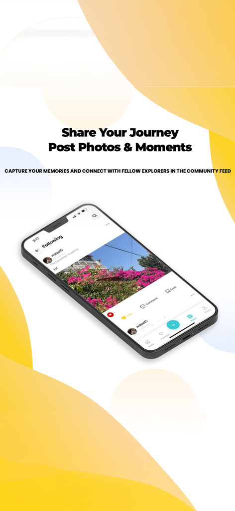 Mobile phone screen showing the Discover Jordan app social feed for sharing travel experiences