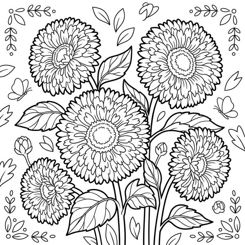 Delight your child with this beautiful coloring page featuring a bouquet of fluffy Teddy Bear sunflowers. With clear lines and engaging details, it's perfect for young artists to explore their creativity.