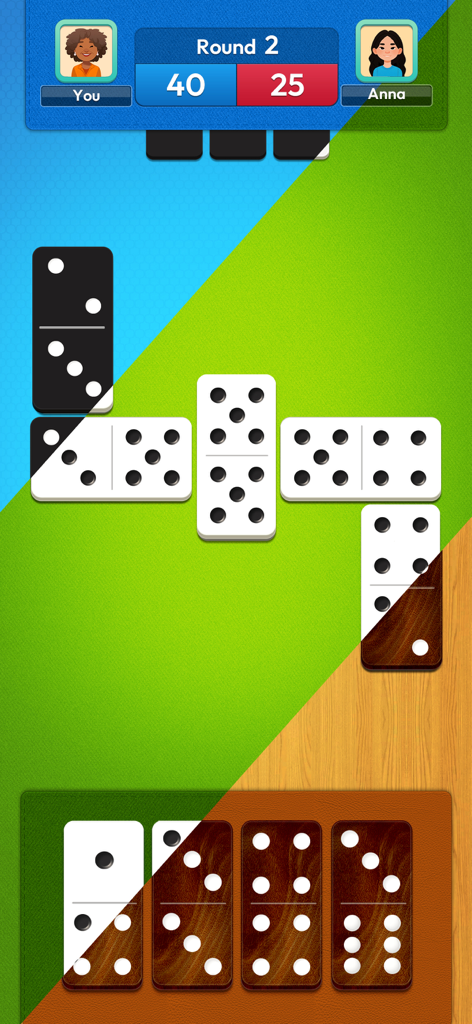 Arcadia Dominoes for Seniors - Gameplay screen of Arcadia Dominoes showing different tile and table themes