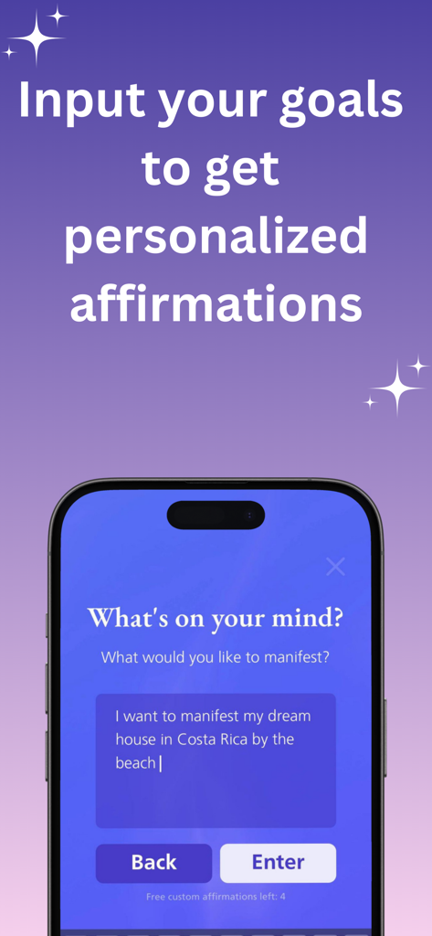 Manifest & Affirmations - Soul - Pantalla de iPhone que muestra la interfaz de la aplicación Soul donde un usuario introduce su objetivo de manifestación para recibir afirmaciones personalizadas