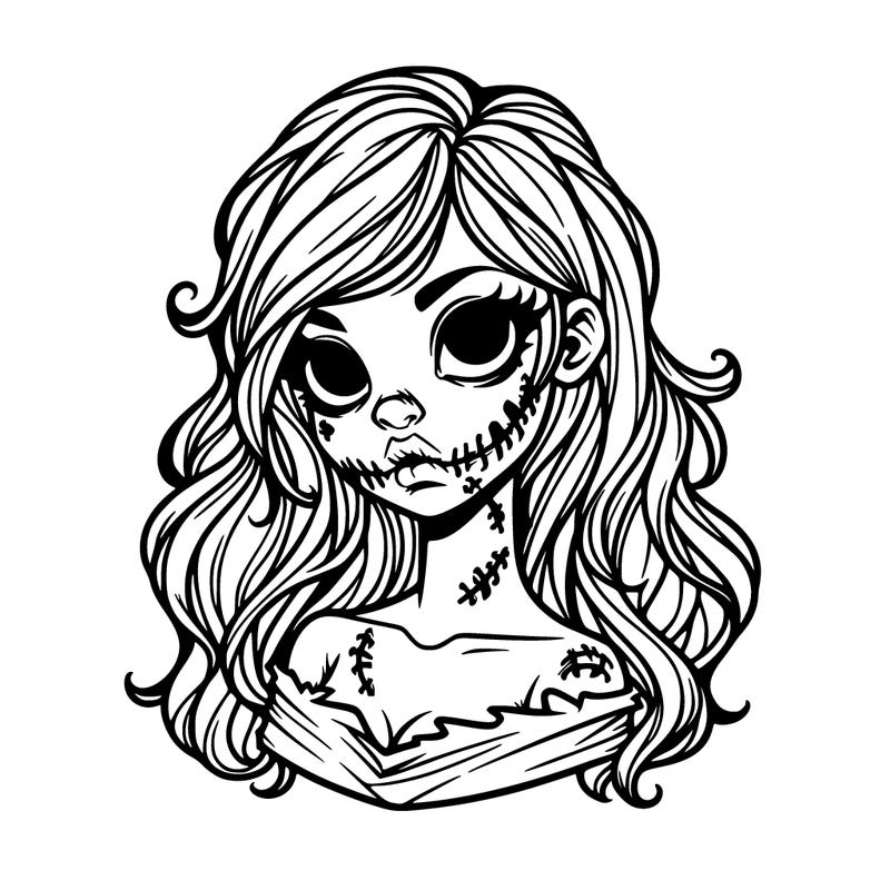 beautiful zombie girl with long hair and scarred lips