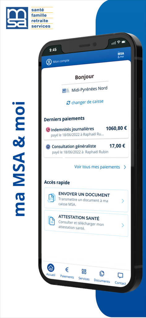 Teléfono inteligente mostrando la pantalla de inicio de la aplicación ma MSA et moi con secciones para pagos recientes y servicios de acceso rápido