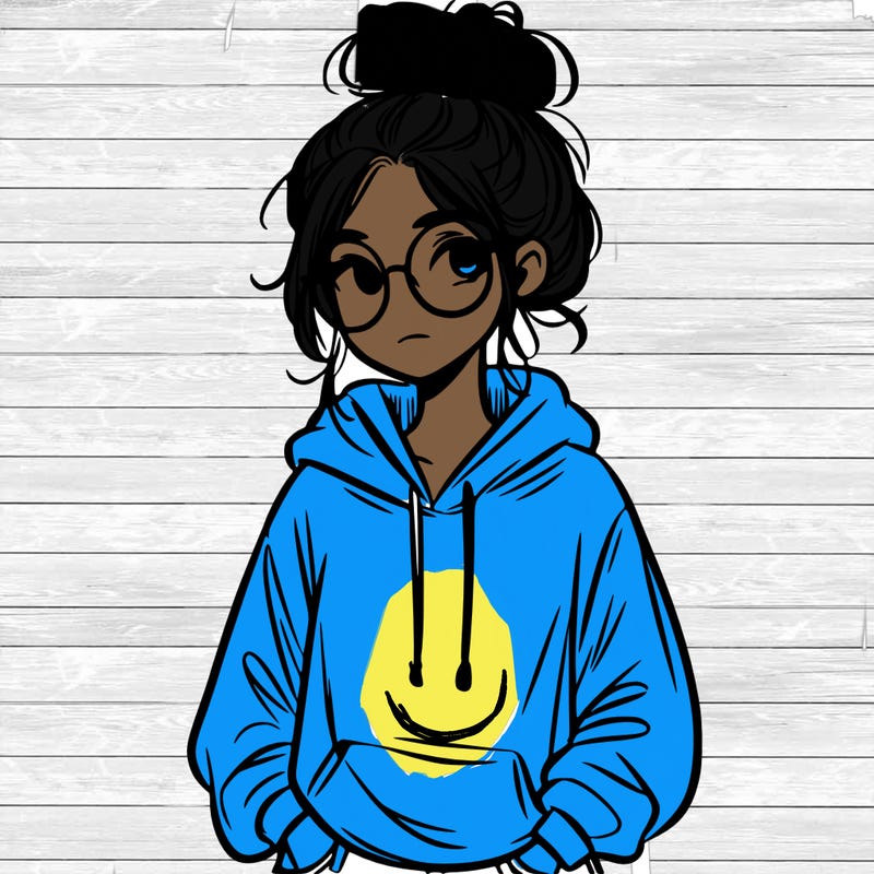 teen girl with a messy bun and glasses wearing a loose hoodie and jeans