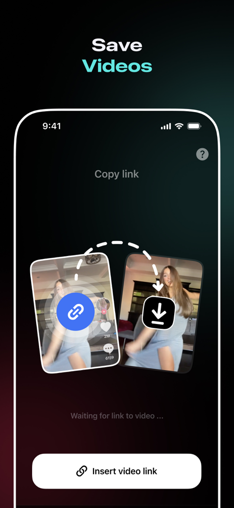 TKTK Followers & Video Manager - TKTK Video Managerのインターフェースで、リンクを挿入して動画を保存するオプションが表示されています。