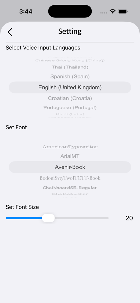 Settings screen of Speech To Essay app showing language and font selection