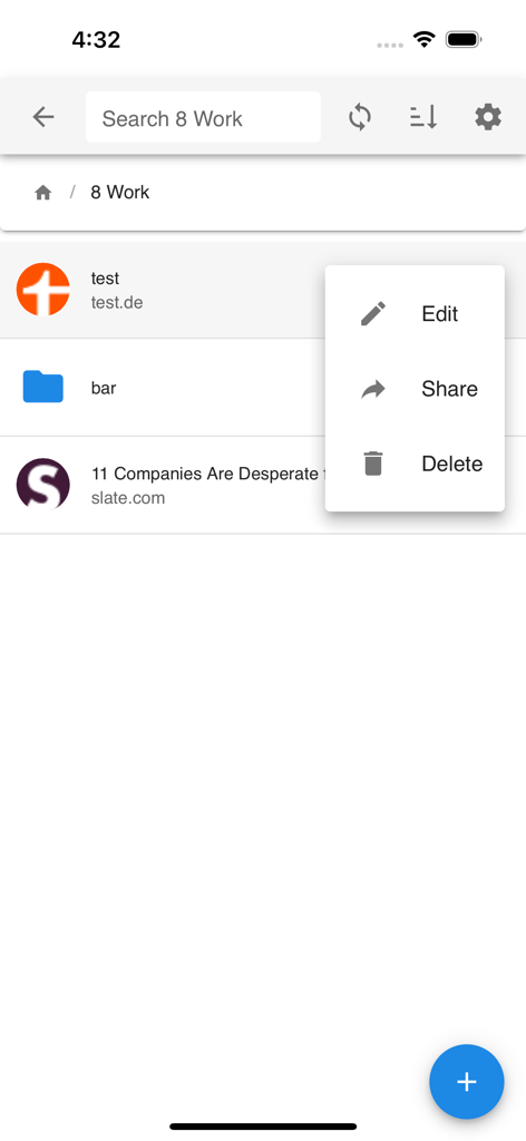 floccus - Interfaz de la aplicación Floccus Companion mostrando una lista de marcadores y un menú de opciones con acciones de editar, compartir y eliminar