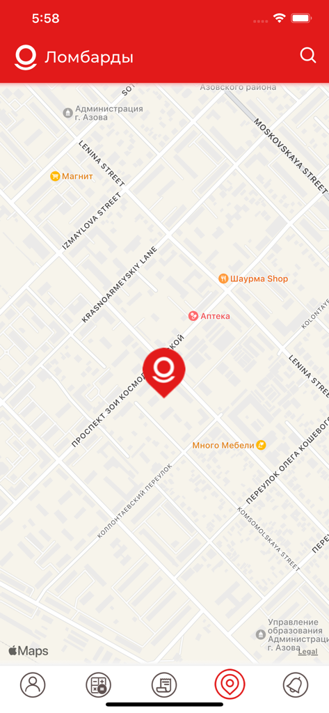 Interfaccia dell'app Prosto 585 che mostra una mappa con le posizioni delle filiali del banco dei pegni e i nomi delle strade locali.