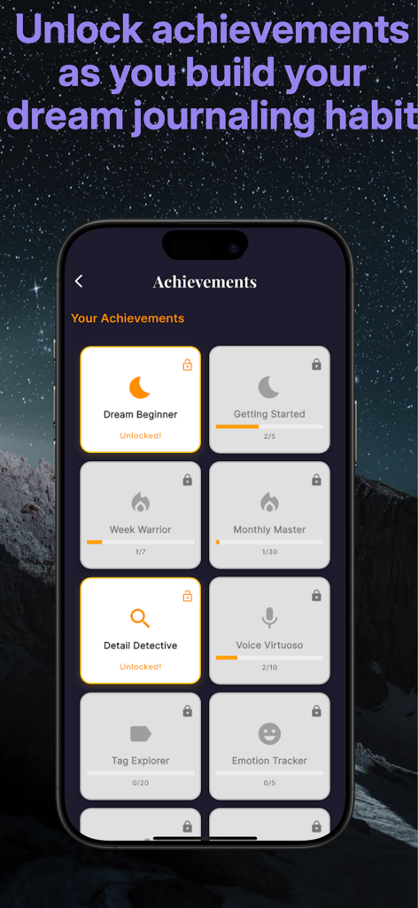 Dreamsplain app interface showing various unlockable achievements for dream journaling consistency