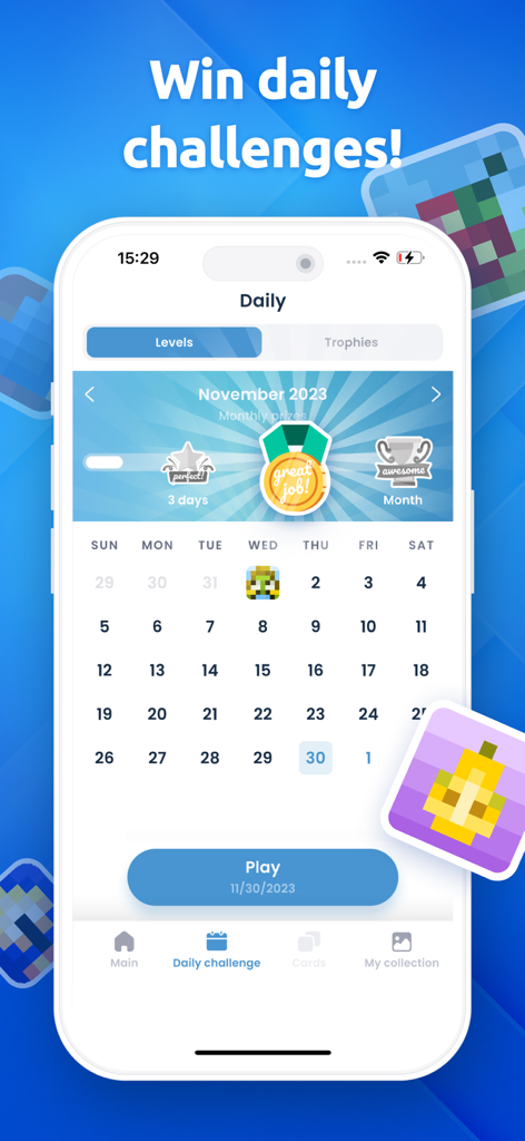 Pindoku－Pixel Block Puzzle - Pantalla del calendario de desafíos diarios en el juego de rompecabezas de bloques de píxeles Pindoku que muestra recompensas mensuales y trofeos