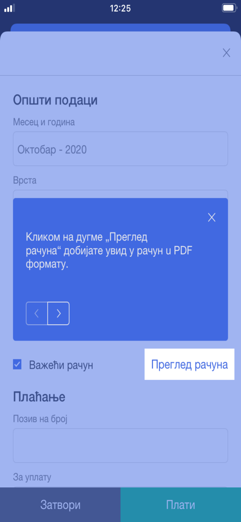 eSanduče - eSanduce app interface showing utility bill preview and payment options