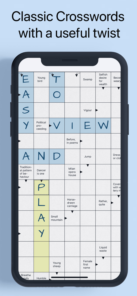 Crossword. A smart puzzle game - Classic crossword puzzle with clues inside the grid cells on a mobile device