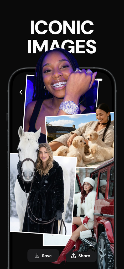Version AI: AI Photo Creator - Eine Collage aus hochwertigen KI-generierten Lifestyle-Fotos, die professionelle und virale Porträts in der Version AI App zeigen