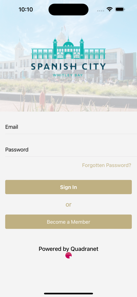 Tela de login do aplicativo Spanish City com opções de entrada e registro de membro.
