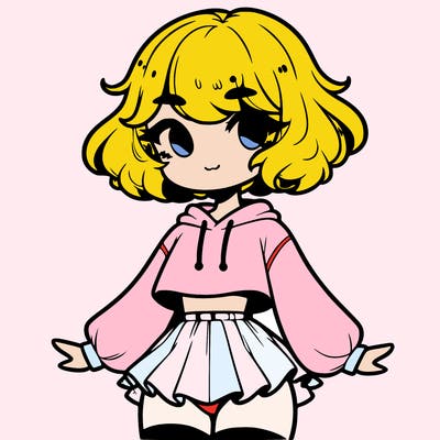 cute femboy with short, fluffy hair that softly frames their face, wearing a cropped hoodie, paired with a flouncy short skirt, and thigh-high stockings