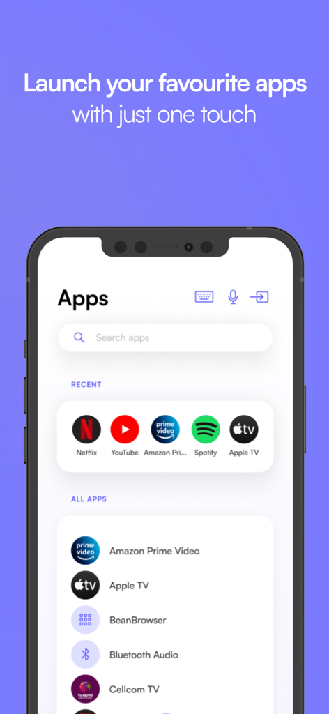 Interfaz de la aplicación de control remoto LG que muestra un menú de inicio rápido para servicios de streaming como Netflix y YouTube