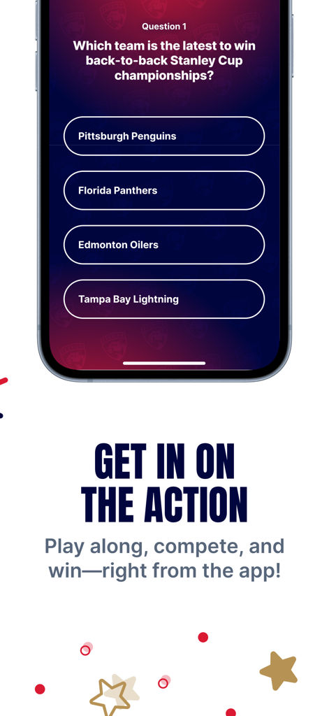 Florida Panthers GameDay - Screenshot of the Florida Panthers GameDay app featuring an interactive hockey trivia game.