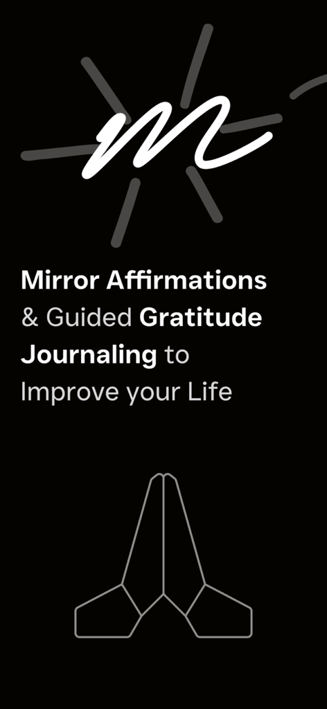 Mirra: Affirmation & Gratitude - Mirra app screen promoting mirror affirmations and guided gratitude journaling with a stylized logo and prayer hands icon