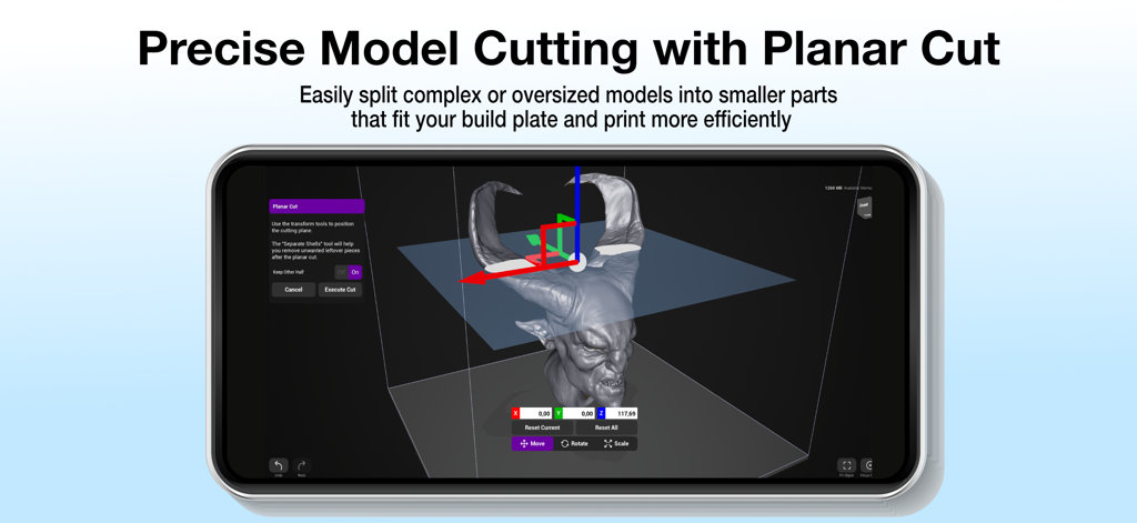 Pikaslice - Interface of Pikaslice app showing the planar cut tool to split a 3D model of a demon head