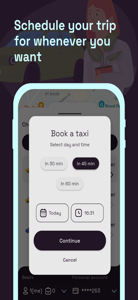 TaxiClick - Tela do aplicativo TaxiClick mostrando o agendador de reservas de táxi com opções para selecionar o dia e a hora para uma viagem.