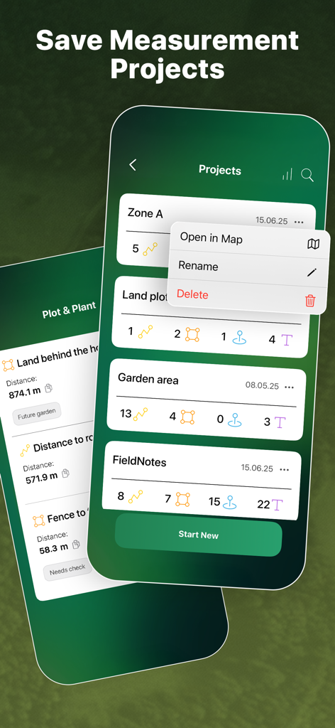 GeoMark - GPS Measurement Tool - Una interfaz de aplicación móvil que muestra una lista de proyectos de medición guardados, incluidas zonas de propiedad y parcelas de terreno con opciones para administrarlos y editarlos.