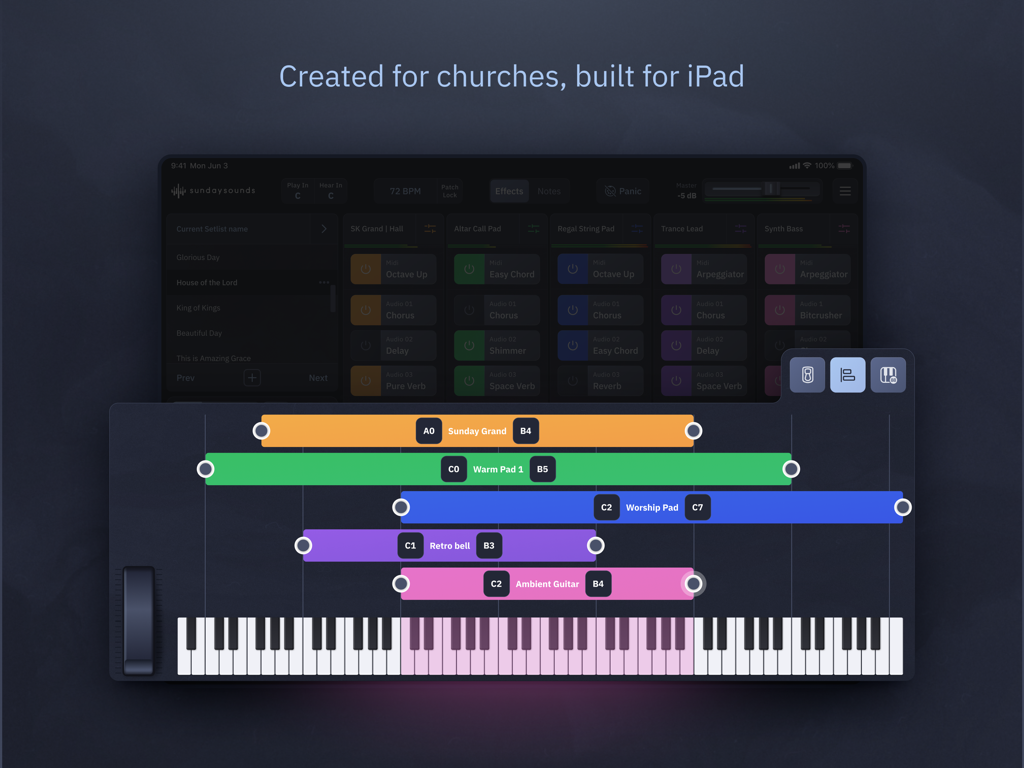 Sunday Keys - Sunday Keys worship music app interface on iPad showing layered sounds and keyboard