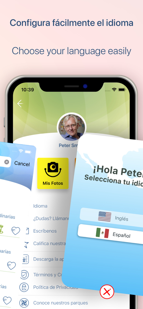 XCARET app screen showing language selection options for English and Spanish with flag icons.