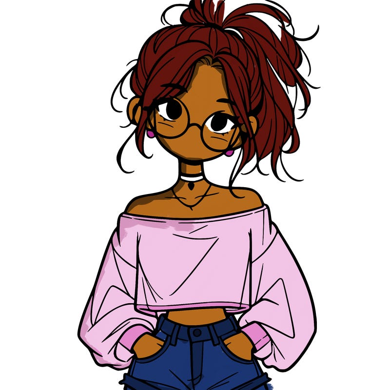 girl with a messy ponytail glasses a baggy crop top and jean shorts
