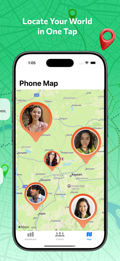 Caller Location Client app map view displaying contact locations with profile icons