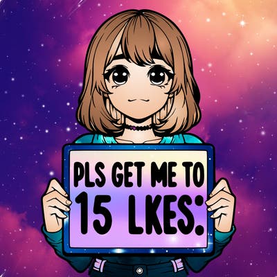 realistic girl holding up a sign that says “pls get me to 15 likes!”
