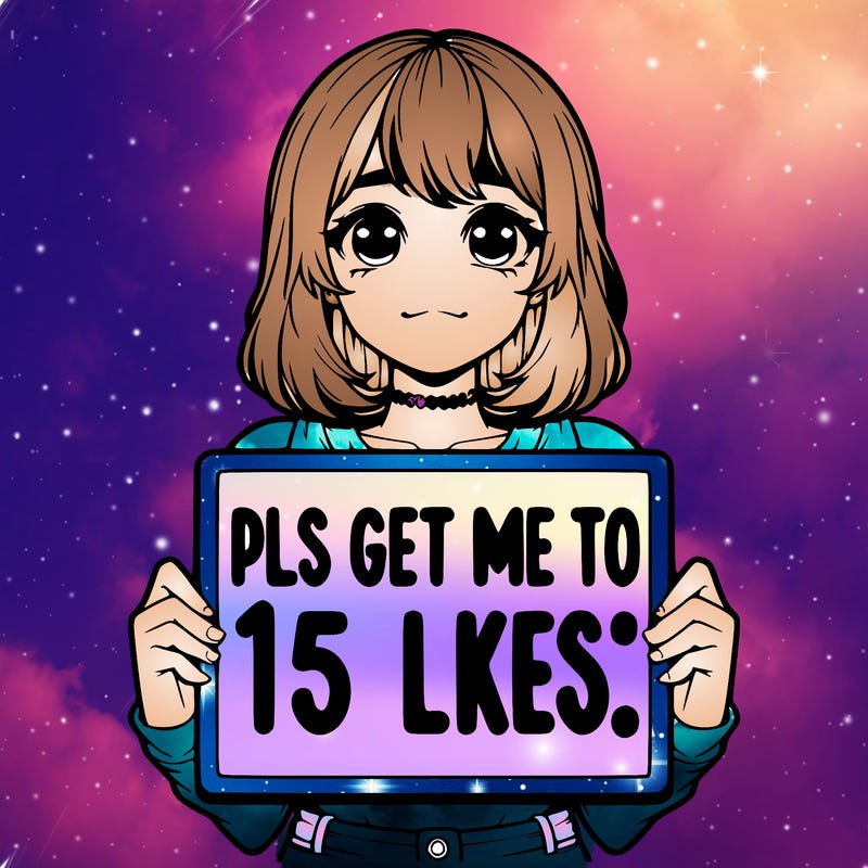 realistic girl holding up a sign that says “pls get me to 15 likes!”