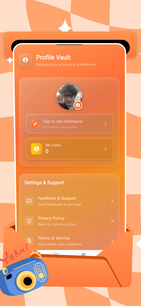 Mobi - Glow & Share - Mobi app profile vault screen showing user account settings and preferences