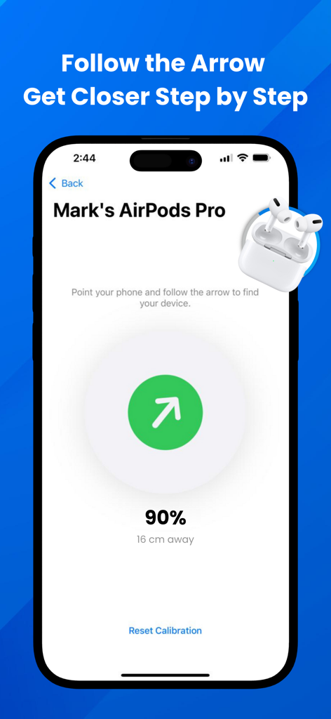 Spot Bluetooth Finder - Schnittstelle der Bluetooth-Tracker-App, die einen Richtungspfeil und einen Annäherungswert von 90 Prozent zum Auffinden verlorener AirPods anzeigt.