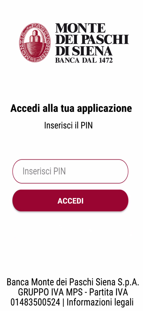 MPS PasKey QR code aziende - Écran de connexion de l'application MPS PasKey QR code aziende avec un champ de saisie de code PIN et le logo Monte dei Paschi di Siena