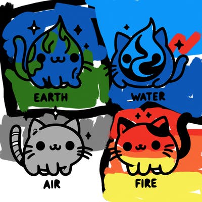4 cats that represent the different elements, earth, water, air, and fire