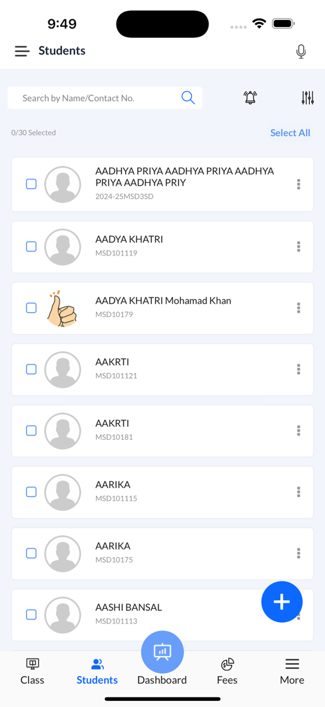 Proctur-Class Management App - Interface of the Proctur app showing a searchable list of students for tutors and educators