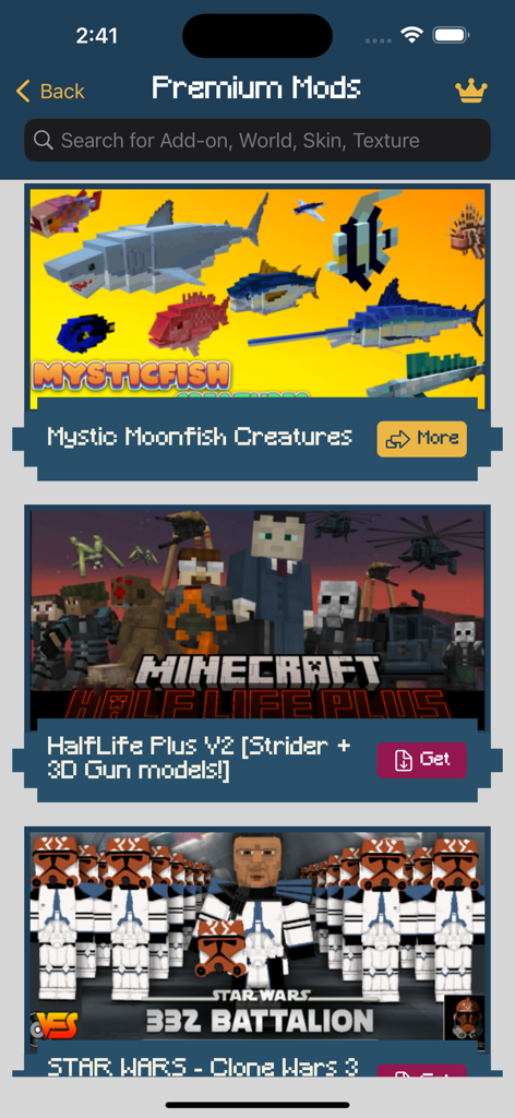 A list of premium mods for Minecraft PE featuring sea creatures, Star Wars characters, and Half-Life inspired content.