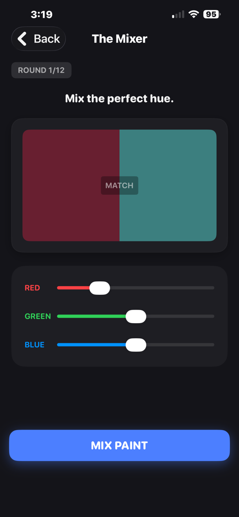 Interface of The Mixer game challenge in Color Theory Studio with RGB color sliders