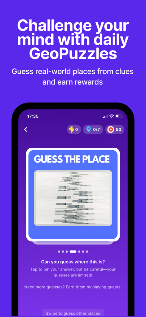 Questo app screen showing a daily GeoPuzzle challenge to guess real-world locations from clues