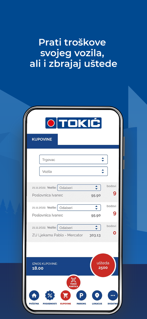 Tokić - Tokic app screen displaying purchase history and loyalty point savings tracker
