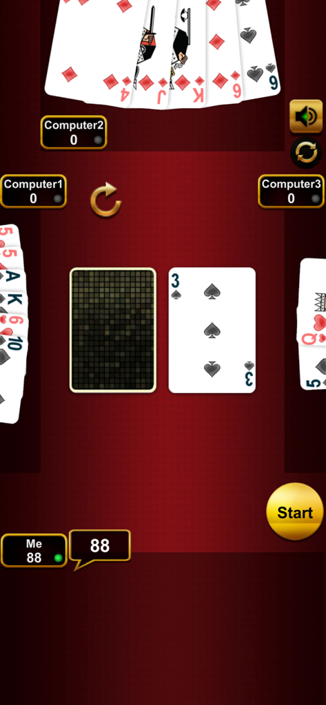 Pantalla de juego del juego de cartas Crazy Eights mostrando cartas y oponentes por computadora sobre un fondo rojo.