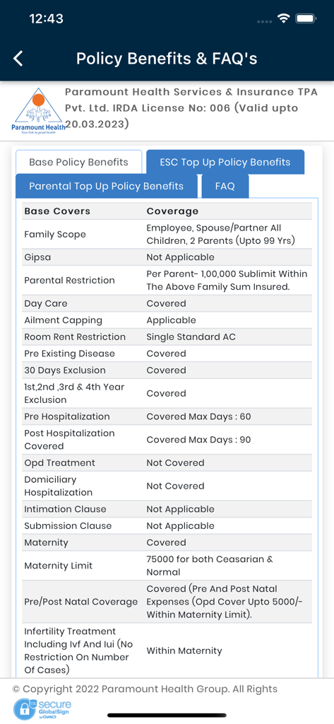 mW!se app interface displaying a detailed table of health insurance policy benefits and coverage limits