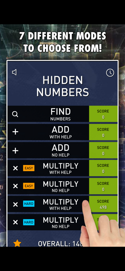 Hidden Numbers: Math Game - Una pantalla de menú del juego de matemáticas Números Ocultos que muestra siete modos diferentes, incluyendo sumas y multiplicaciones con niveles de dificultad fácil y difícil.
