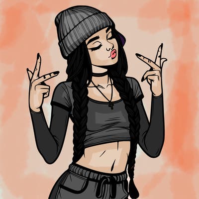 realistic teenage girl with braids and a beanie and crop top doing 🫶🏼