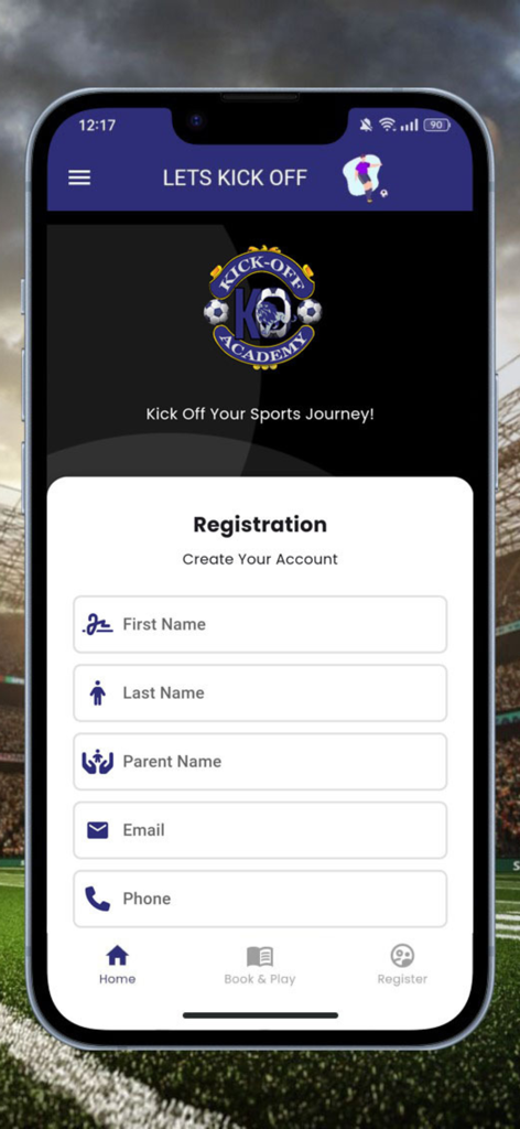 Kick-Off - Registrierungsbildschirm der mobilen App für das Jugendfußballtraining der Kick-Off Academy.