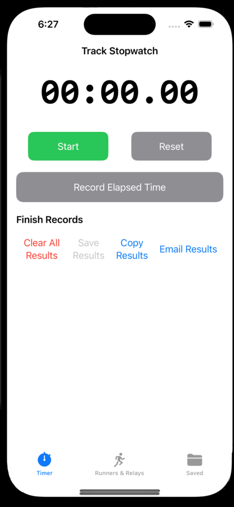 XC & Track Timer - Interface do aplicativo XC e Track Timer mostrando o cronômetro digital e os controles de gerenciamento de resultados da prova