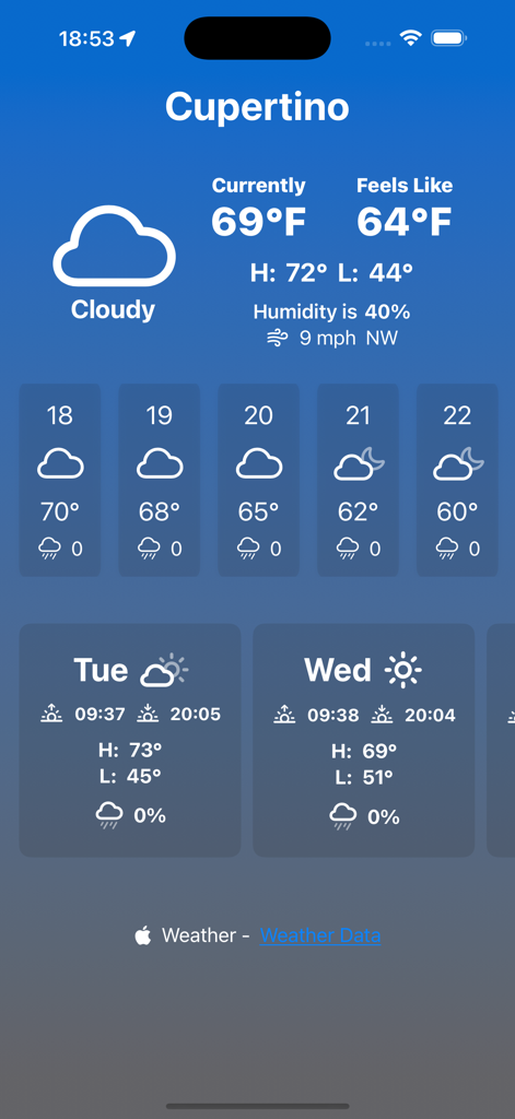 Boring Weather - Clean and simple weather app interface showing current conditions and daily forecast for Cupertino