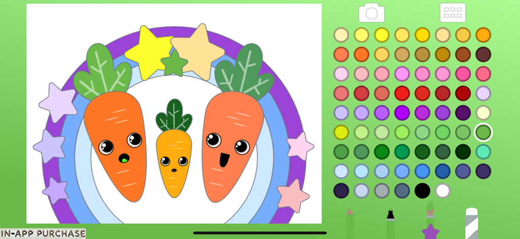 Coloring for Kids and Toddler - A coloring app interface for toddlers showing three cute cartoon carrots and a wide palette of colors