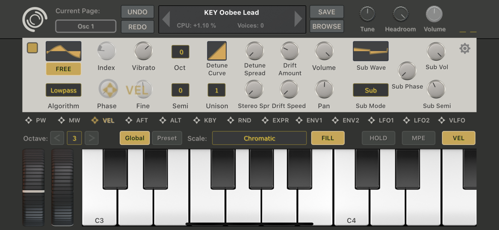 SynthMaster One - User interface of SynthMaster One synth app showing oscillator controls and a virtual keyboard