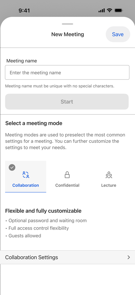 Tela do HCL Sametime para configurar uma nova reunião com opções para modos de colaboração, confidencial e palestra.