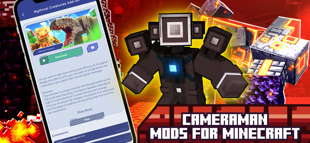 Un smartphone mostrando una interfaz de addon de criatura mítica junto a un personaje cameraman estilo Minecraft